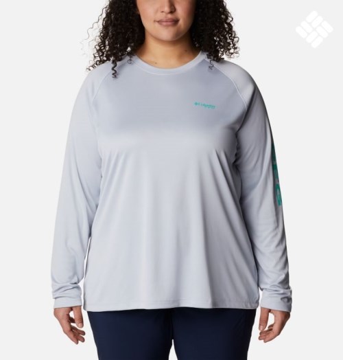 Women's Columbia PFG Tidal Tee II Long Sleeve Sweatshirts Light Grey | Plus Size CA-XA83C